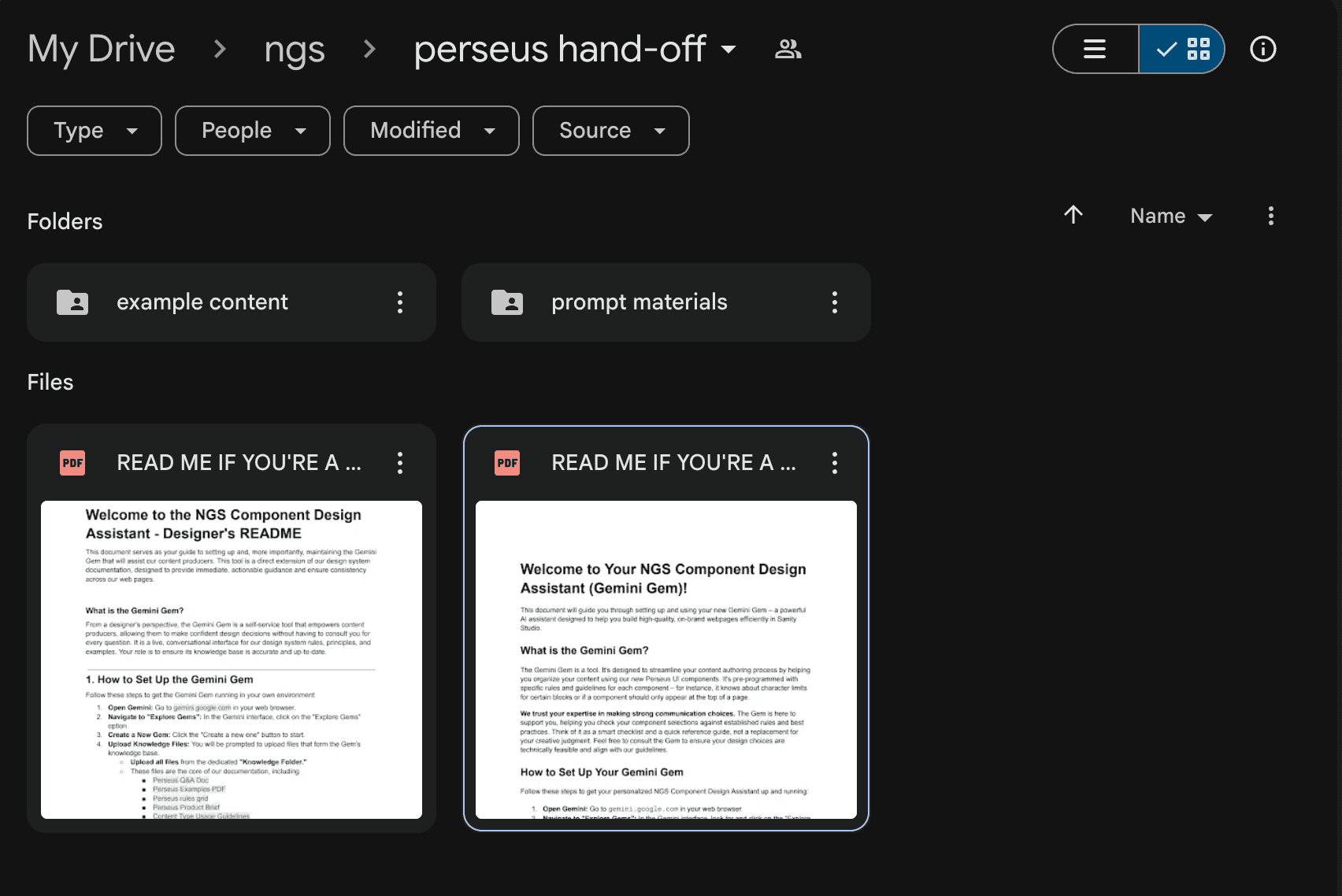 The handoff folder in Drive: example content, prompt materials, and a README for the designer and one for the content producer